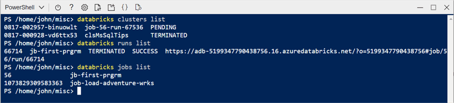 Databricks CLI - list clusters, runs and jobs.