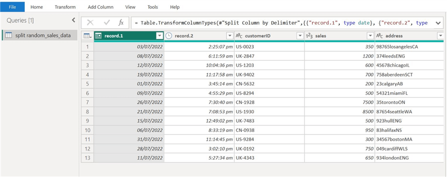 New columns after splitting the record column.