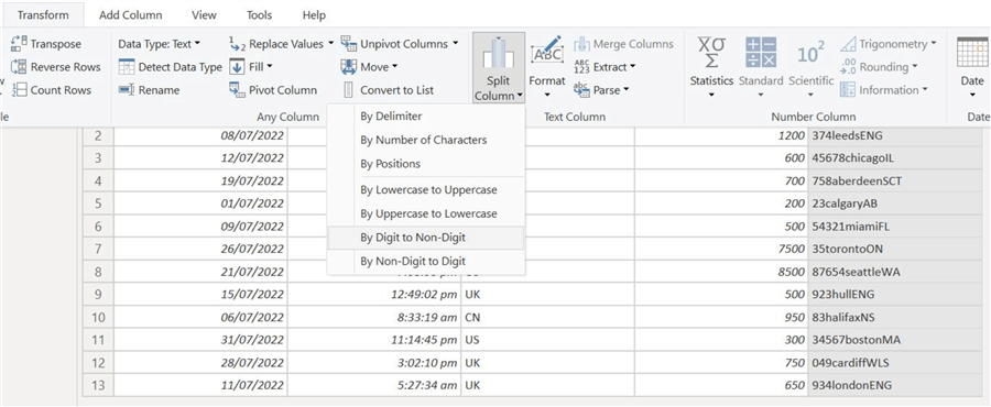 Splitting columns using the digit to non-digit option
