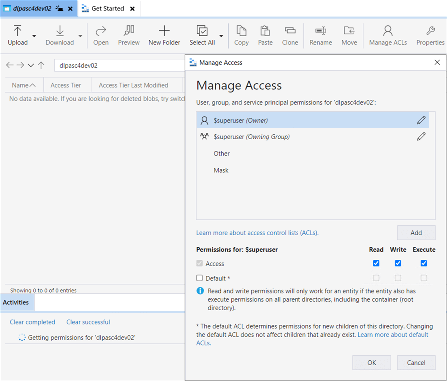 Deploy + Configure Delta Lakehouse - Azure Storage Explorer - no rights assigned to svc prn