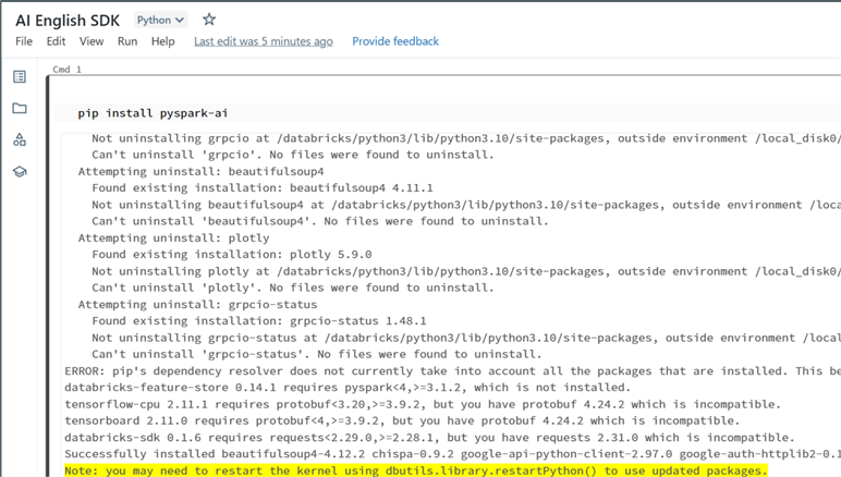 InstallEnglishSDK Step to install Pyspark AI sdk