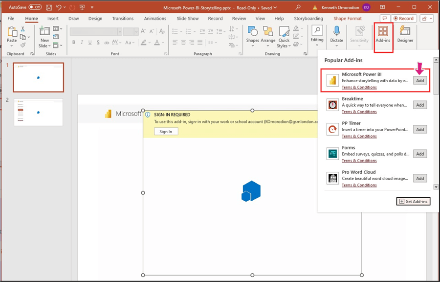 Screenshot showing how to export Power BI data to PowerPoint using the Embed live data option 3