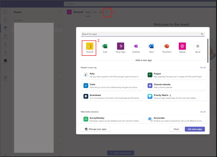 A screenshot of how to embed Power BI report to Teams