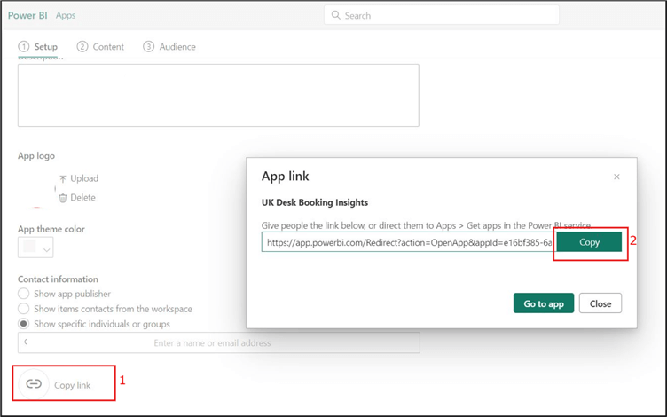 A screenshot of how to embed Power BI report to Teams using the App link 2