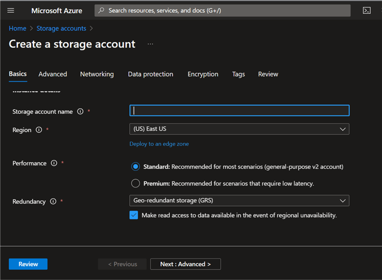 create storage account