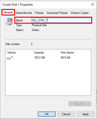 Cluster Disk 1 Properties