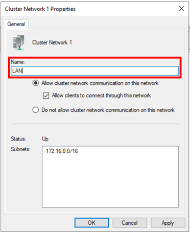 Cluster Network 1 Properties