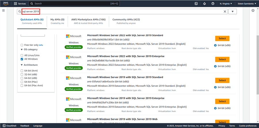 AWS EC2 management console