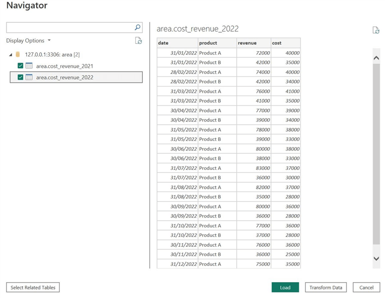 Navigator window and the previewed tables