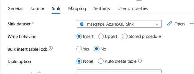 Sink configuration, sink dataset