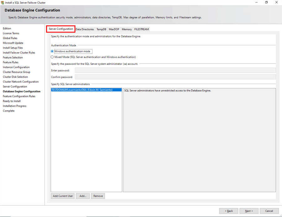 Step 15 Database Engine Configuration, Server Configuration