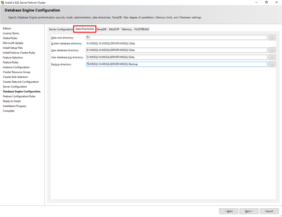 Step 15 Database Engine Configuration, Data Directories