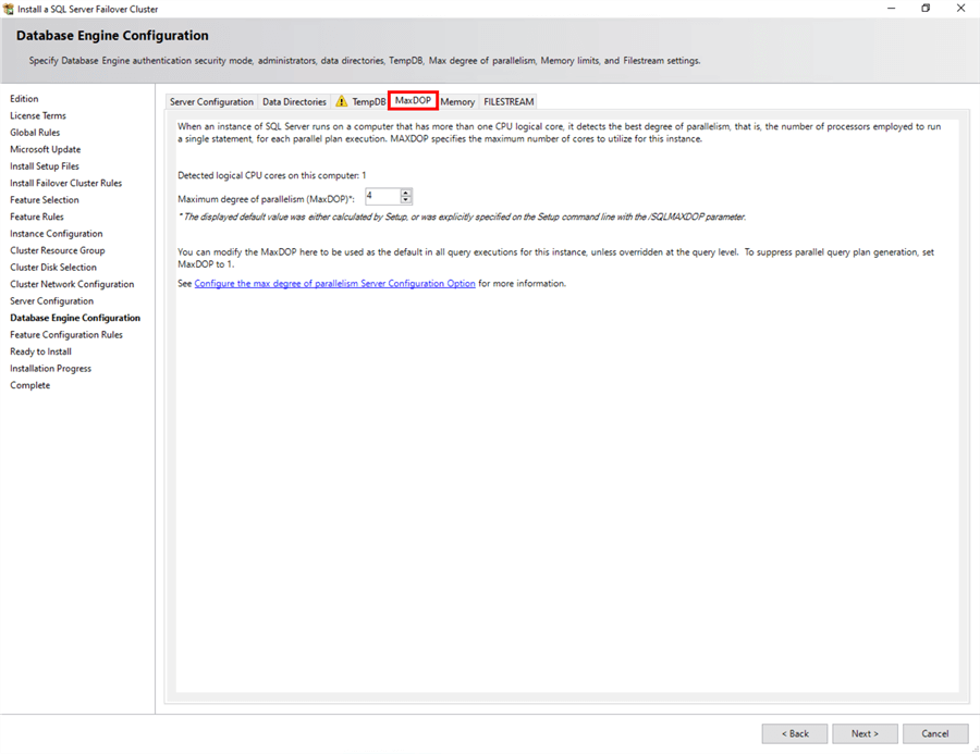 Step 15 Database Engine Configuration, MaxDOP