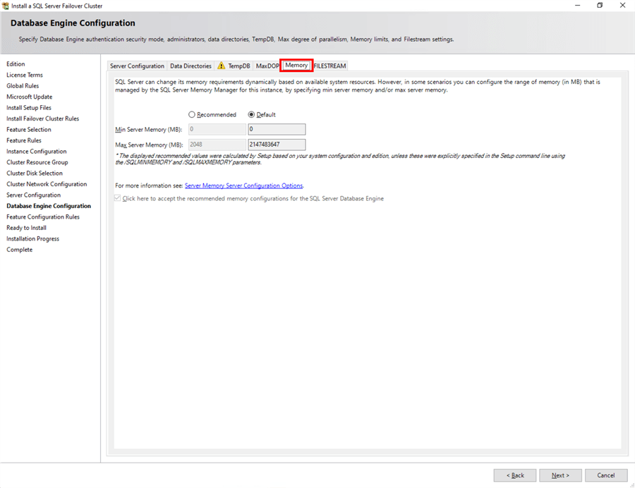 Step 15 Database Engine Configuration, Memory