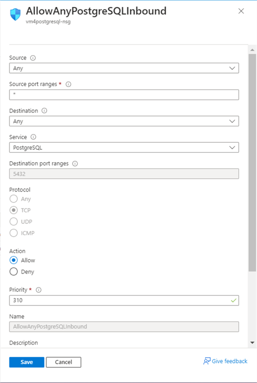 IaaS - Azure PostgreSQL - enable in bound rule for Azure Virtual Network.