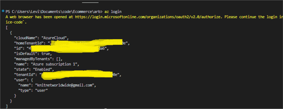 Azure CLI login Command line output with Subscription data