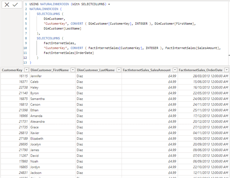 Screenshot showing output generated when working with DAX NATURALINNERJOIN function.