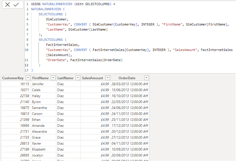 Screenshot showing an alternative output generated when working with DAX NATURALINNERJOIN function.