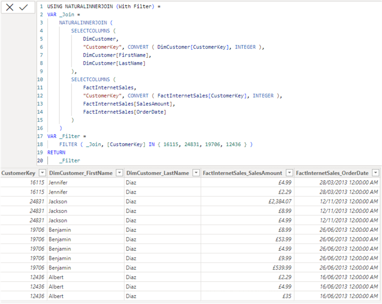 Screenshot showing how to use filters when working with DAX NATURALINNERJOIN function.
