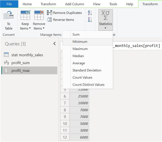 Maximum option from the statistics option