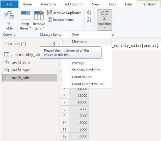 Minimum option from the statistics option