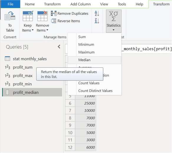 Median option from statistics option
