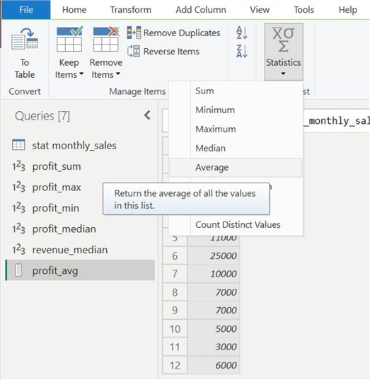Average option from the statistics option