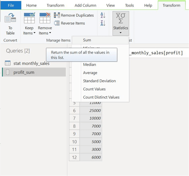 Sum option from the statistics option