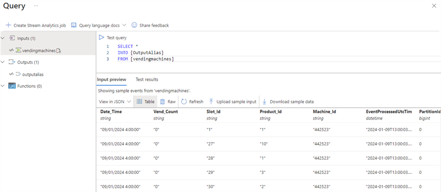 sample data in azure stream analytics query result