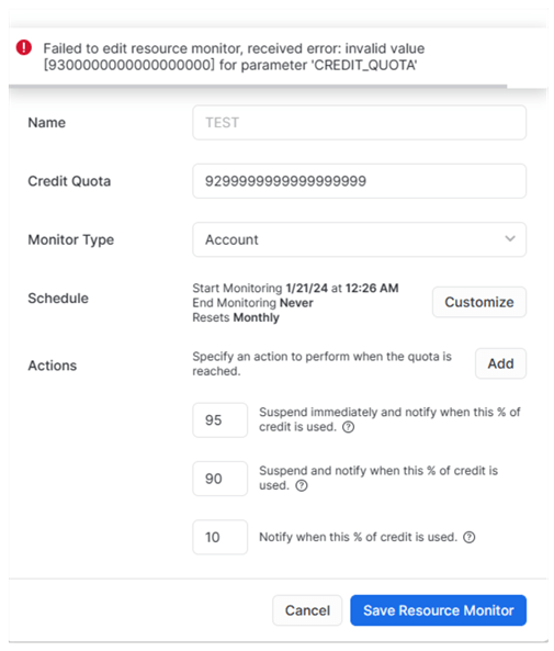 credit quota - error message