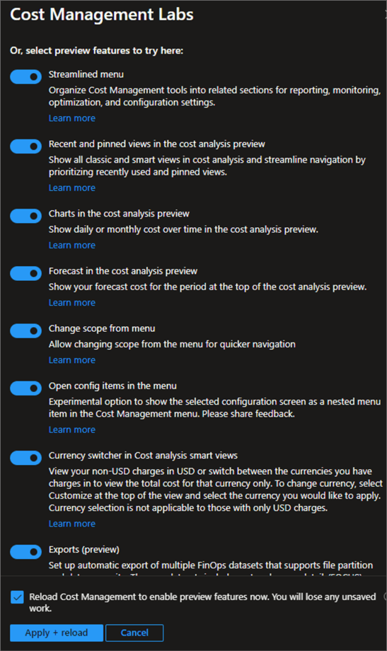 Cost Management Labs Toggle on cost management preview features.