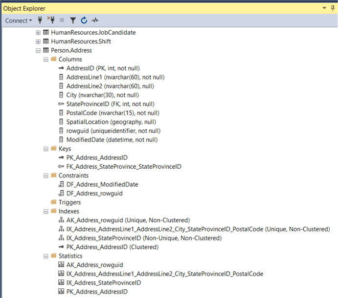 ssms object explorer table details