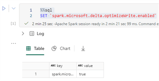 executing a set command in a notebook. The property optimize write is enabled.