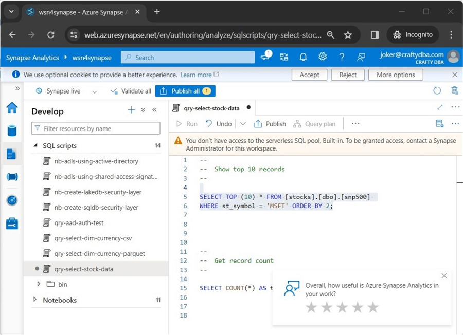 azure synapse serverless - lake database - regular SQL user role does not have SQL pool access