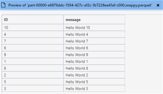 parquet file preview with all 10 rows