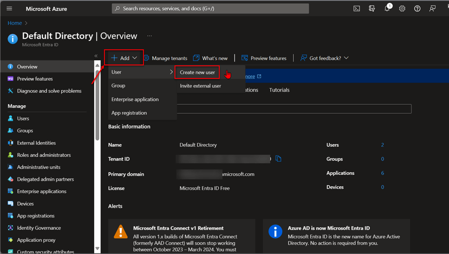 Creating New User in Azure Portal.