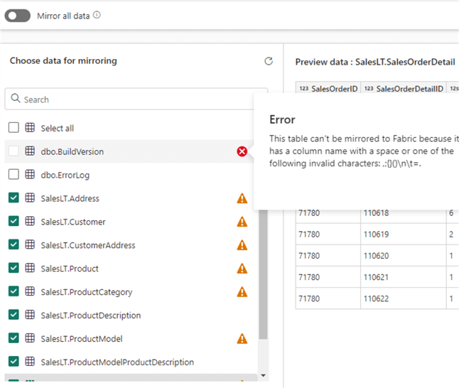 mirror selected subset of tables, with a specific table having an error