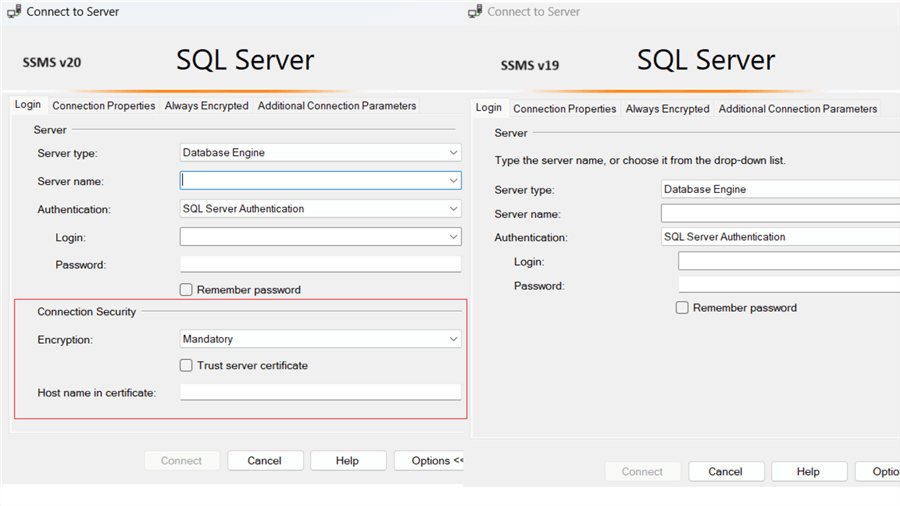 connections logins and connection pages of SSMS 19 and 20