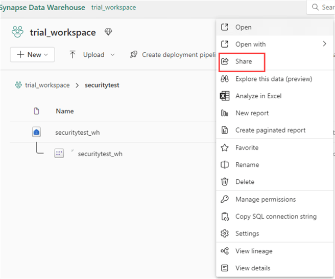 share an item in the fabric workspace