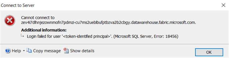 login failed for user token-identified principal