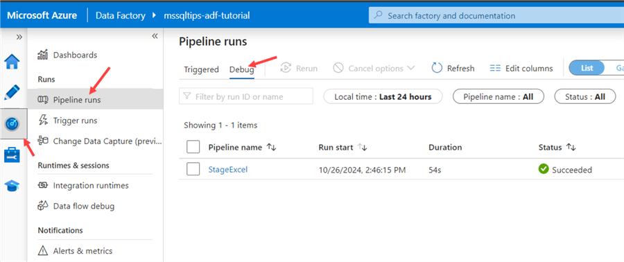 monitoring section in original ADF, with debug result from pipeline started in mounted ADF