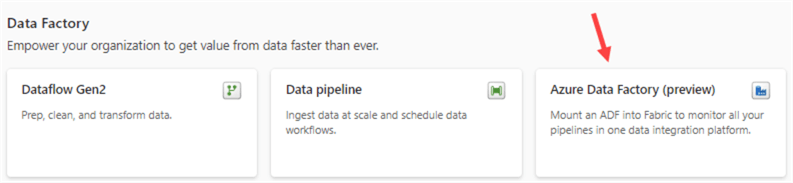 choose azure data factory in Microsoft Fabric