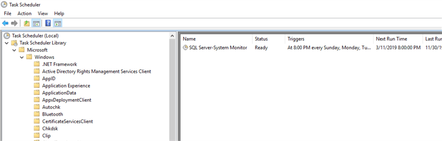 windows task scheduler showing perfmon scheduled