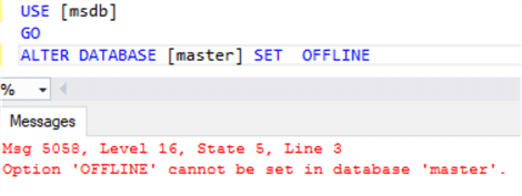 This screenshot shows a query window attempting to take the master database offline and receiving an error saying  that it cannot be taken offline.