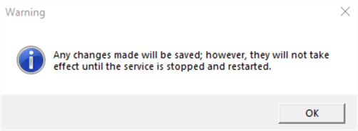 This screenshot shows the output message after changing a startup parameter of the SQL Server service. It reads "Any changes made will be saved; however, they will not take effect until the service is stopped and restarted."