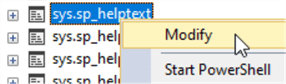 This screenshot shows SSMS with a context menu opened on sys.sp_helptext showing a "Modify" option.