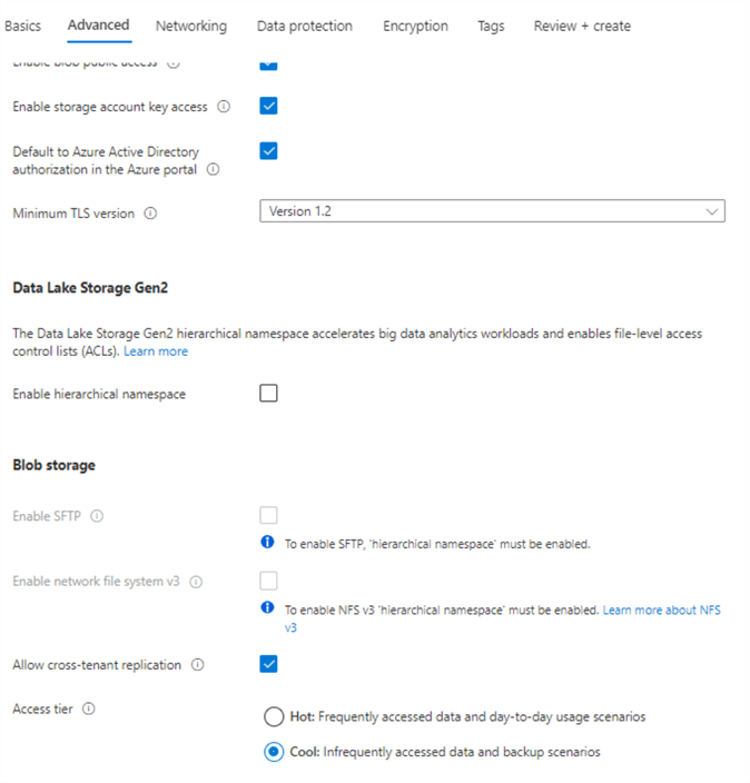 storage account advanced config