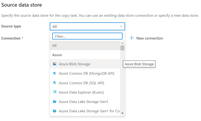 select blob storage as source