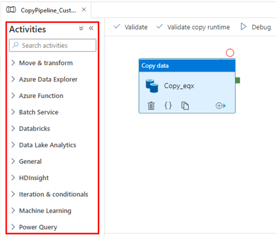 acitvity menu in a pipeline