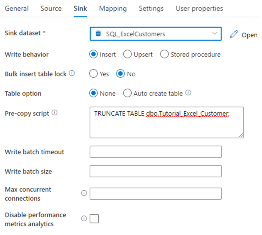 copy data sink settings